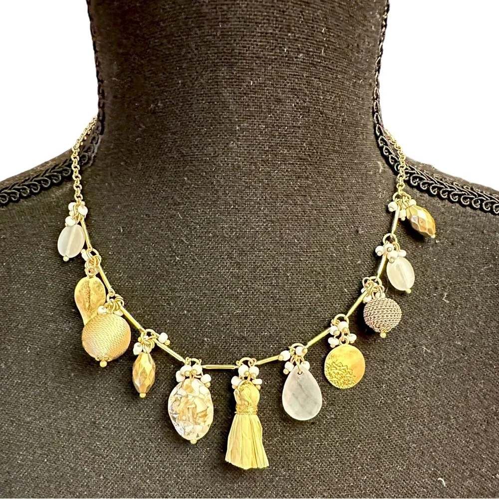 White and Gold Statement Necklace with Beads and Charms